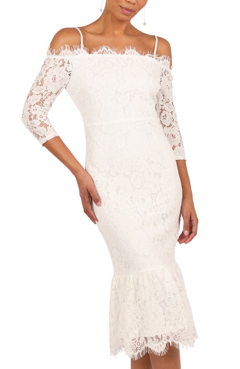 Petal & Pup Lindy Lace Cold Shoulder Cocktail Midi Dress, Alternate, color, White