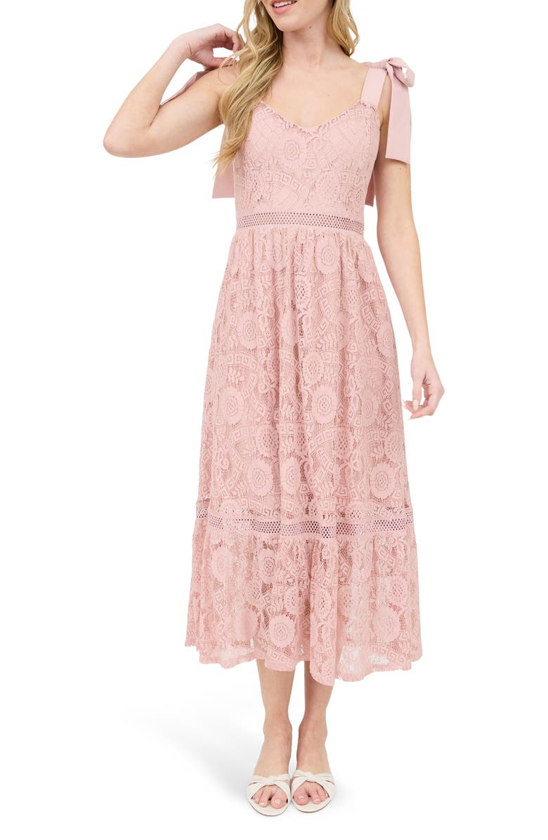 Blu Pepper Tie Shoulder Lace Midi Dress, Main, color, Dusty Pink
