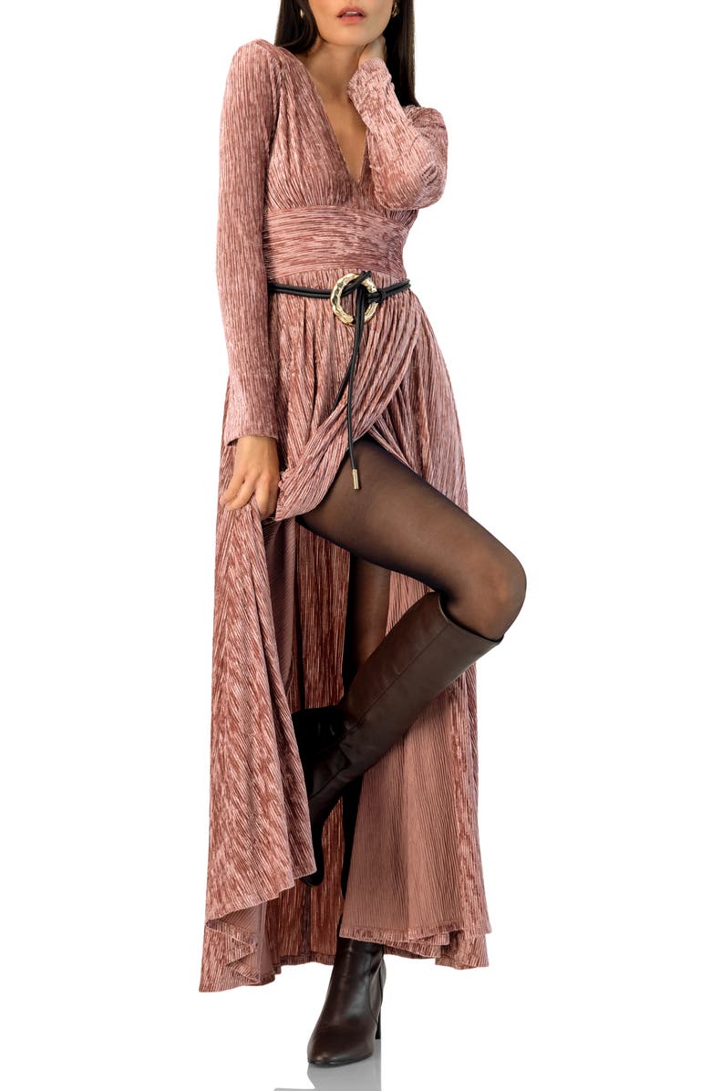 IVONNE Long Velvet Pleated V-Neck Dress, Alternate, color, Dark Pink