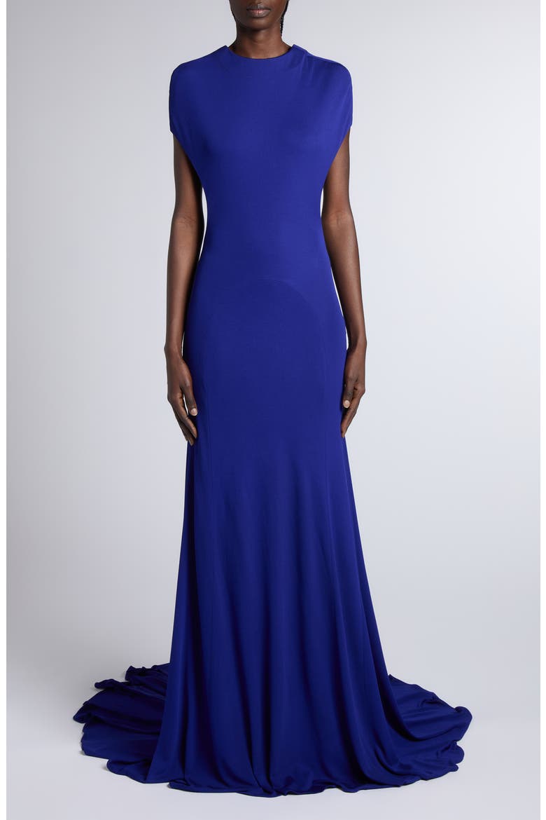 Impossible Backless Crepe Jersey Gown with Train, Main, color, CLEMATIS BLUE