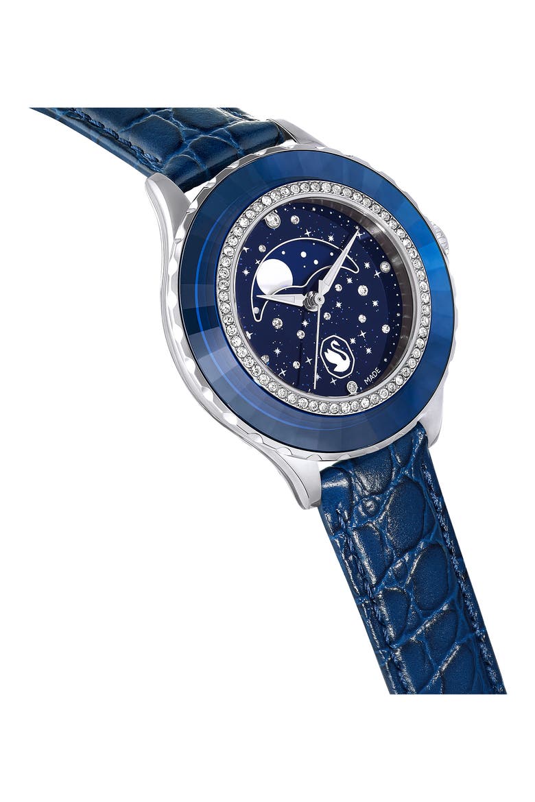 Octea Moon Leather Strap Watch, 37mm, Alternate, color, BLUE