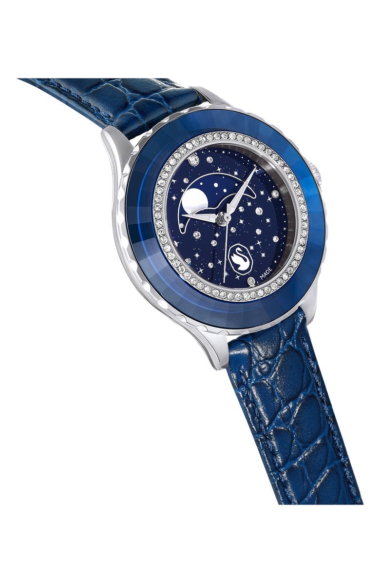 Swarovski Octea Moon Leather Strap Watch, 37mm, Alternate, color, Blue