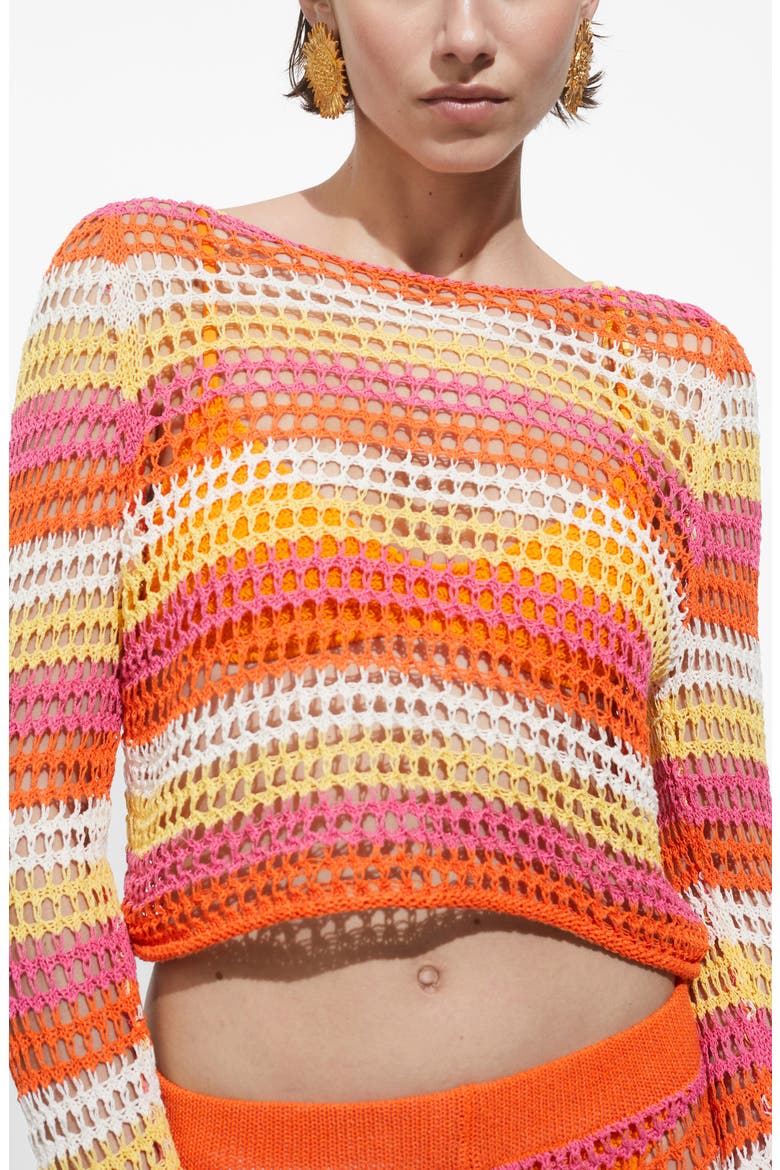 Stripe Boxy Openwork Sweater, Alternate, color, ORANGE