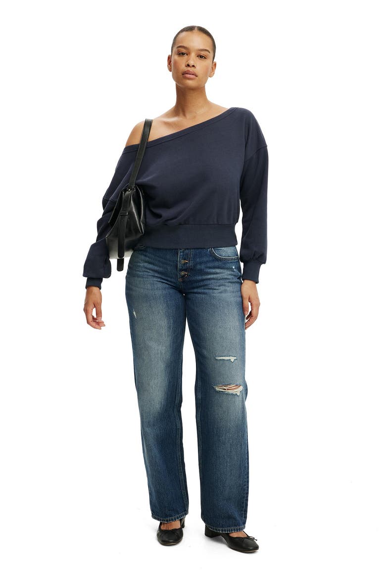 Women's Relaxed Off Shoulder Sweatshirt, Alternate, color, Shadow Navy
