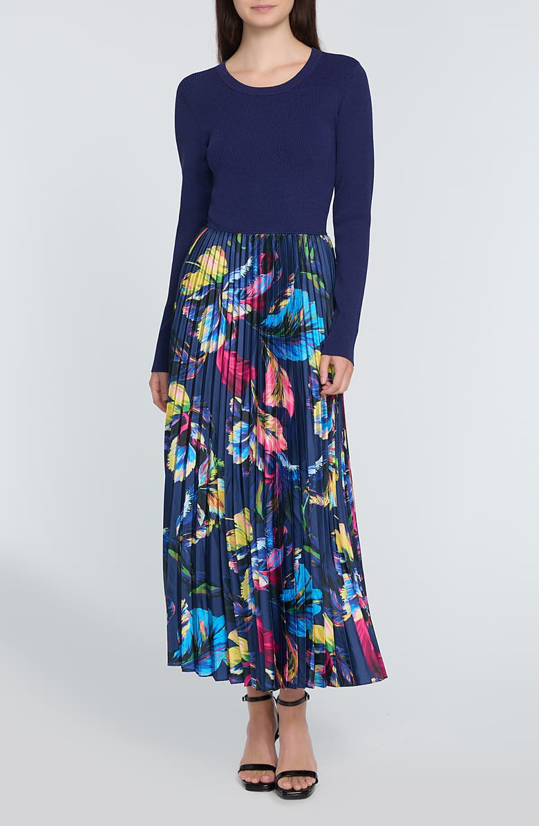 Elie Tahari The Maeve Mixed Media Long Sleeve Dress, Main, color, Daphne Blue With Daphne Garden