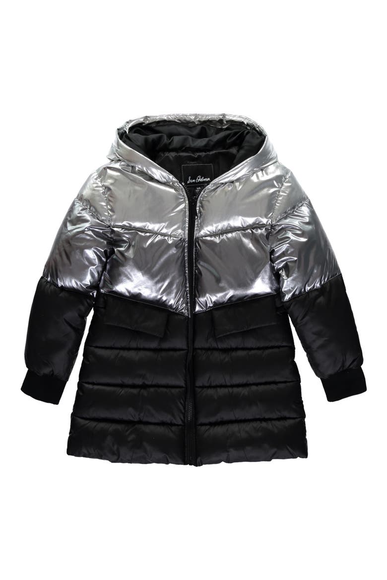 Tricolor Metallic Puffer Coat, Main, color, BLACK SILVER