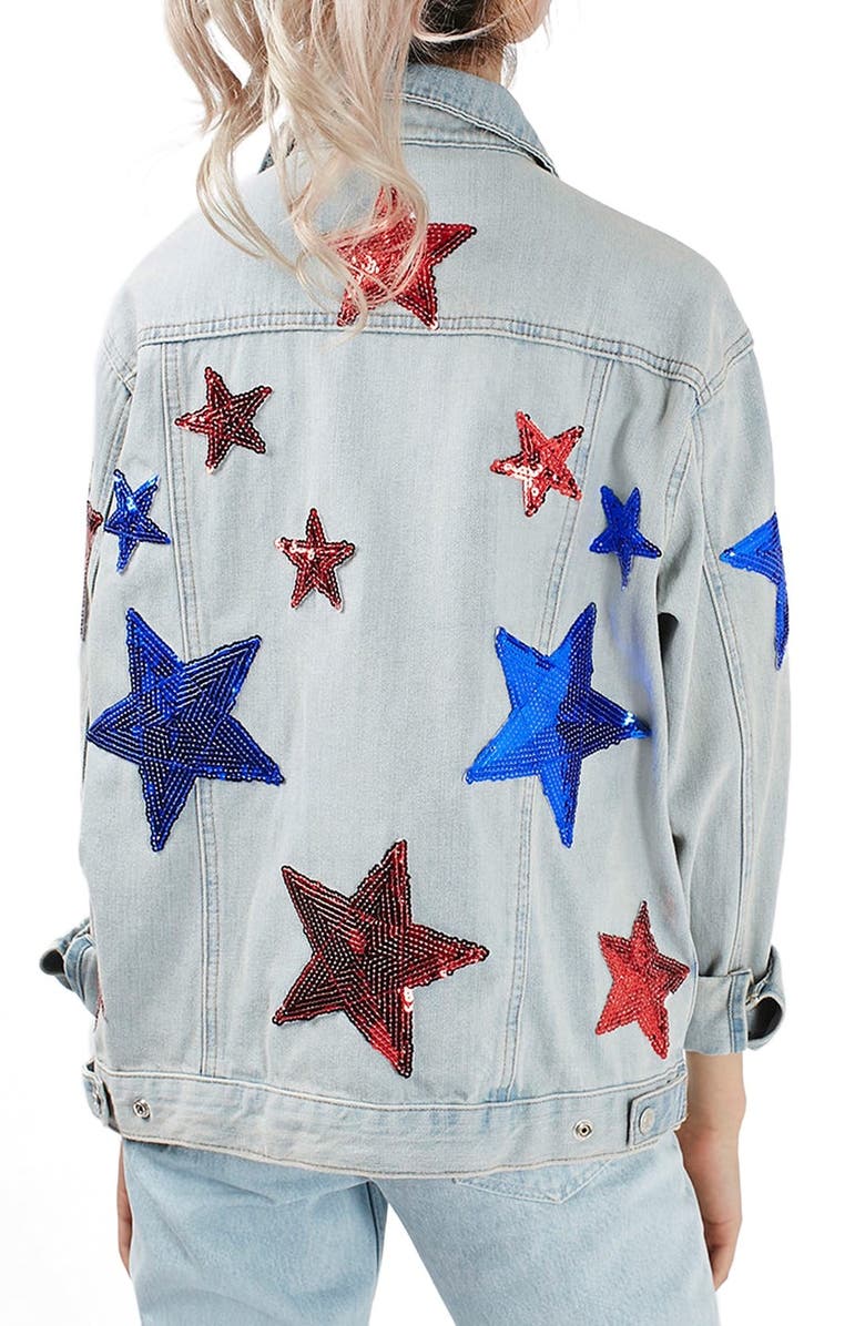 Topshop Sequin Star Denim Jacket, Alternate, color, 