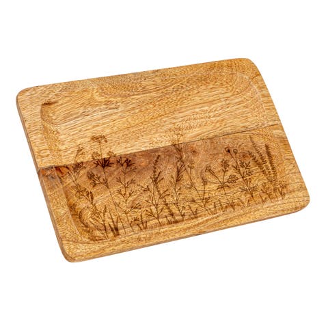 11.75 Inches Mango Wood Tray with Laser Etched Botanicals, Natural