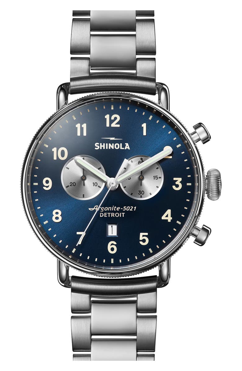 Shinola The Canfield Chronograph Bracelet Watch, 43mm, Main, color, Midnight Blue/ Silver