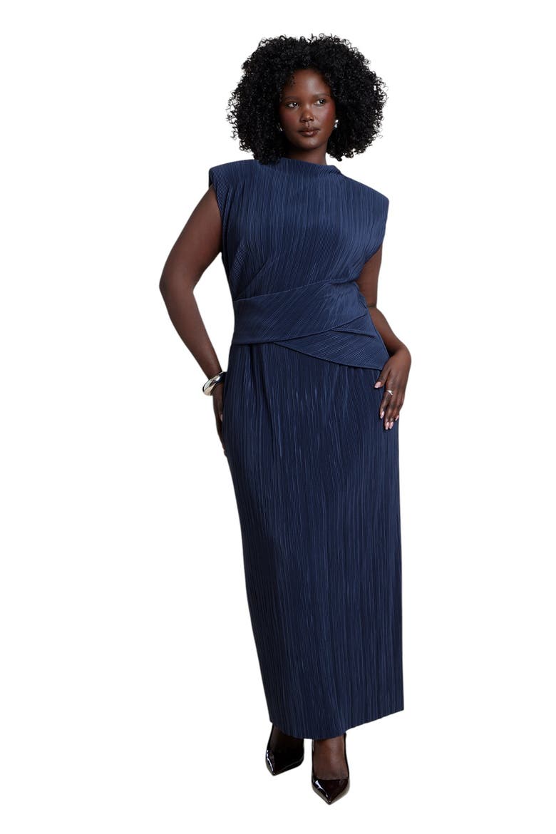 Draped Bodice Plisse Maxi Dress, Main, color, DARK NAVY
