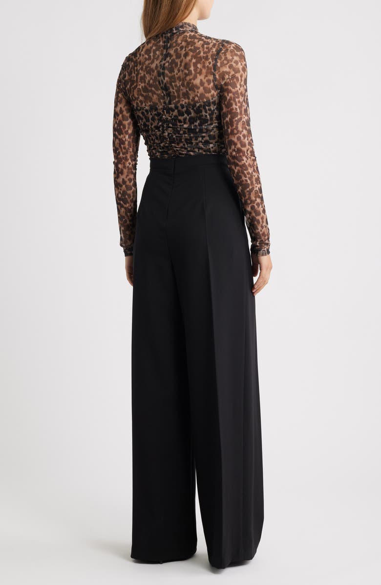 Black Halo Leonarda Sheer Mesh Bodice Crepe Back Satin Wide Leg Jumpsuit, Alternate, color, Leopard Jersey