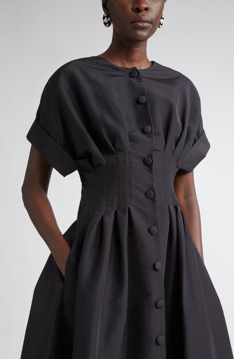 Carolina Herrera Cuffed Short Sleeve Button Front Silk Faille Gown, Alternate, color, Black