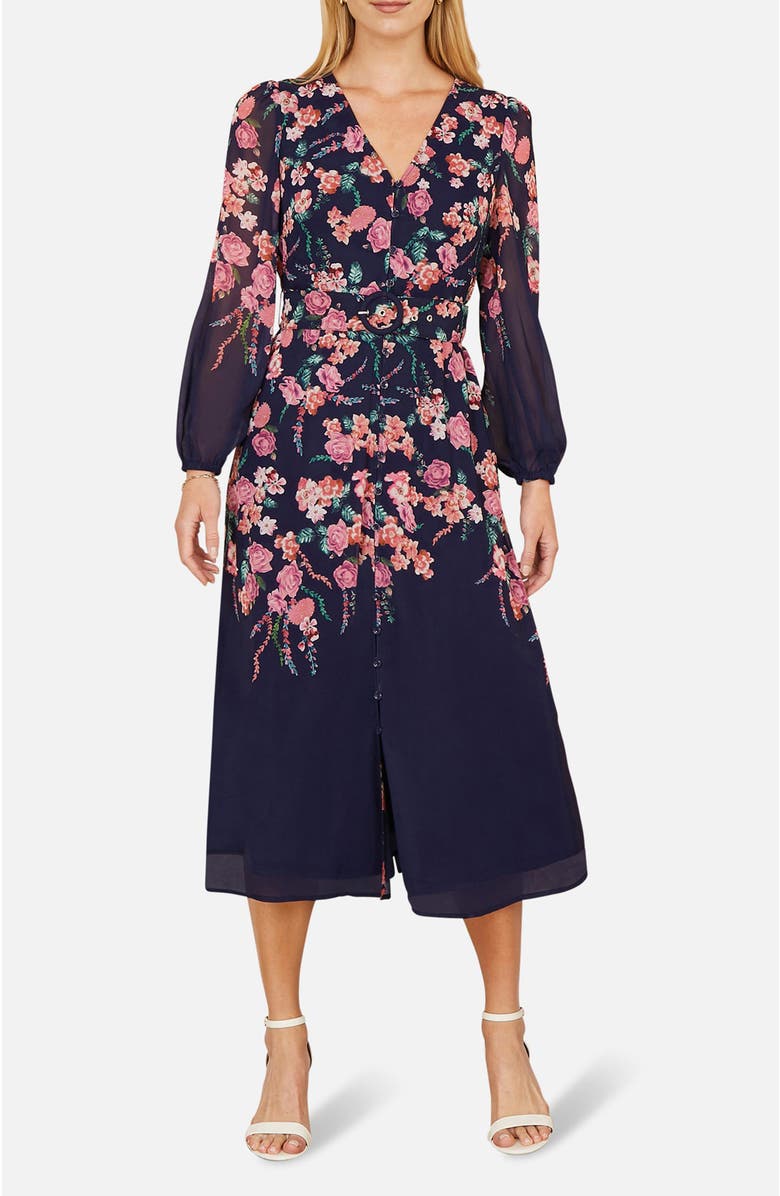 Yumi Belted Floral Midi Dress, Alternate, color, Navy