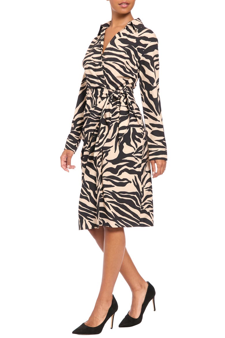 Faux Wrap Long Sleeve Dress, Alternate, color, TAN/ BLACK