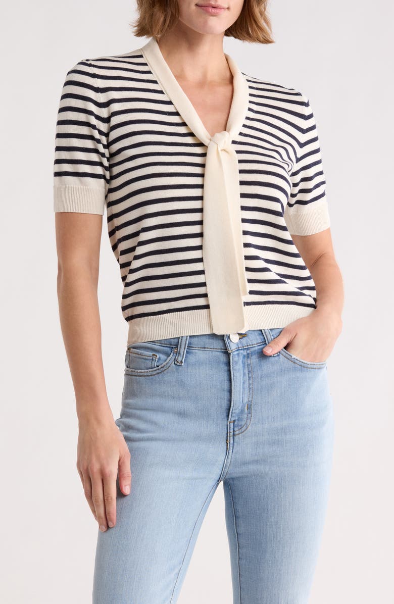 FRAME Sailor Tie Short Sleeve Cardigan, Main, color, Navy Multi