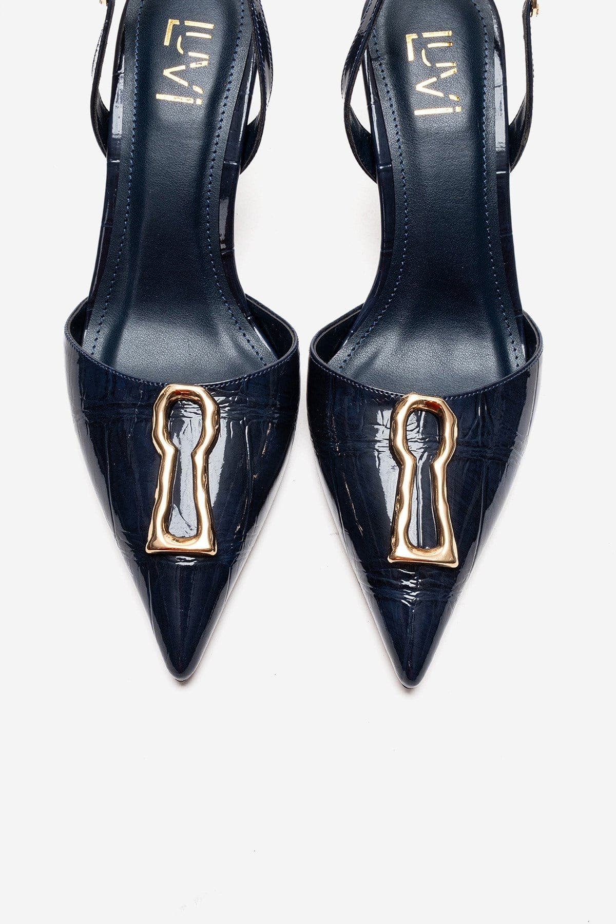 Yvella Buckle Pointed Toe Stiletto Pump, Alternate, color, Navy Print