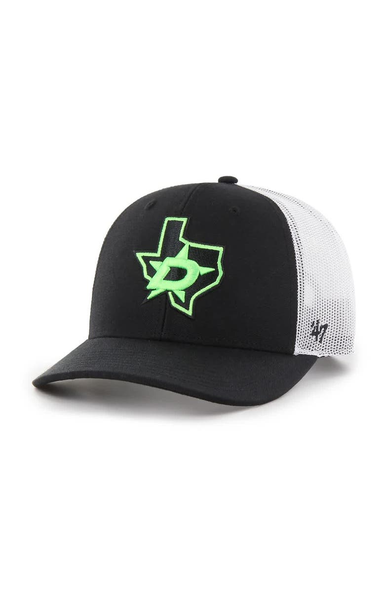 '47 Men's '47 Black/White Dallas Stars Prestige Adjustable Trucker Hat, Main, color, 