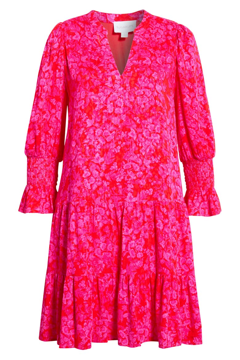 Anamy Floral Bell Sleeve Tiered Minidress, Alternate, color, RED-FUCHSIA