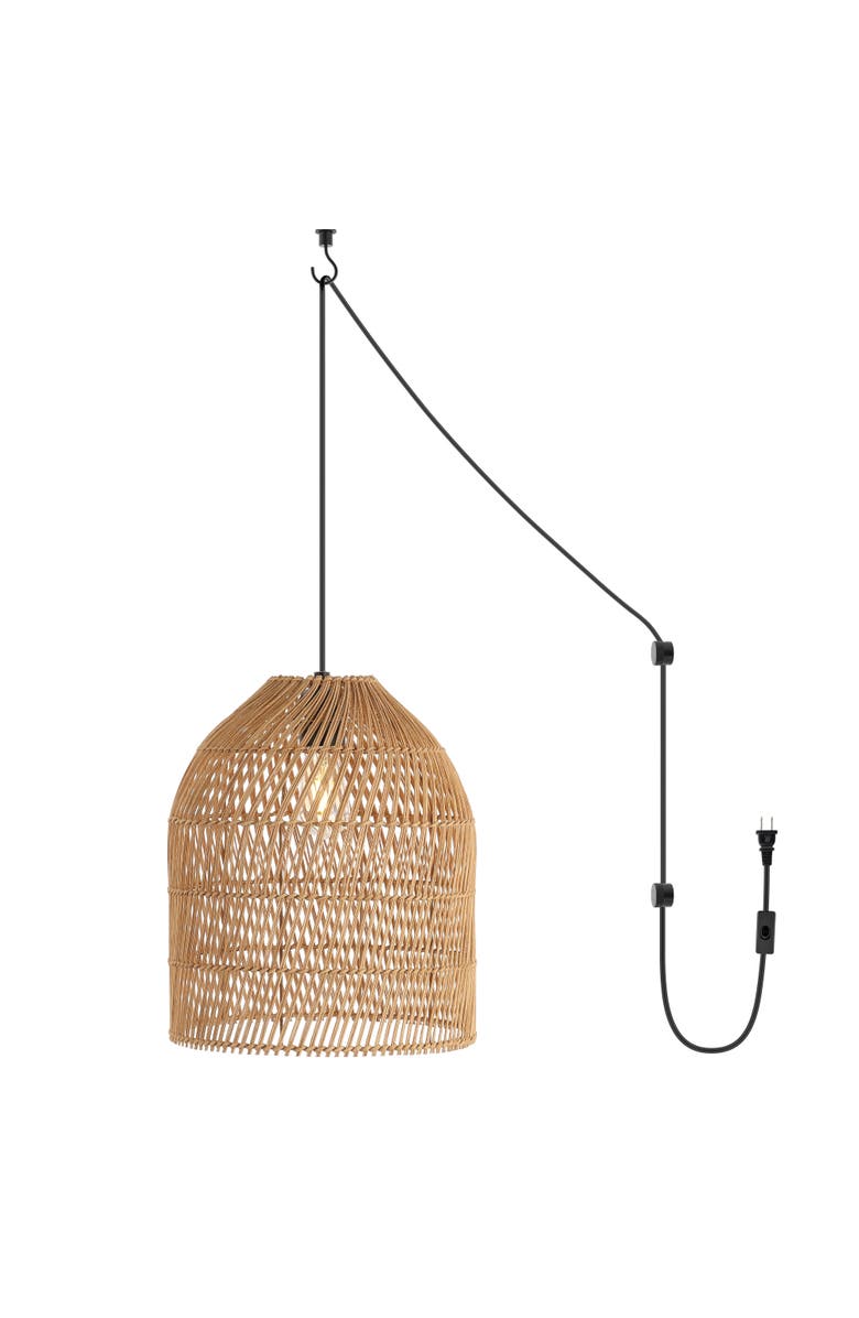 JONATHAN Y Koda 1-Light Farmhouse Coastal Bohemian Rattan 180" Cord Plug-In or Hardwired LED Pendant, Main, color, 