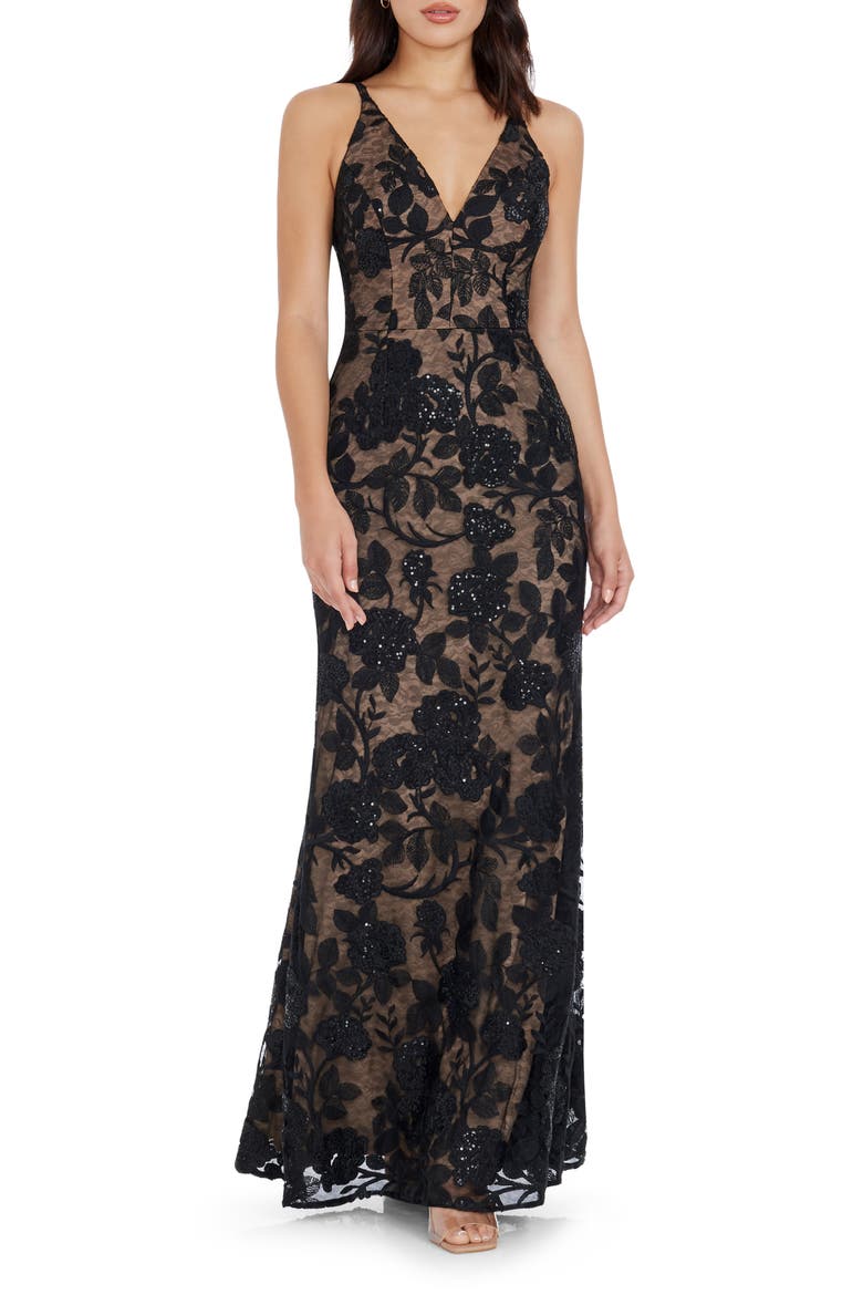 Sharon Floral Sequin Sleeveless Mermaid Gown, Main, color, BLACK MULTI