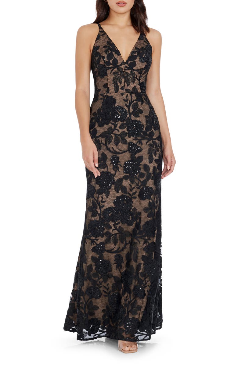 Dress the Population Sharon Floral Sequin Sleeveless Mermaid Gown, Main, color, Black Multi