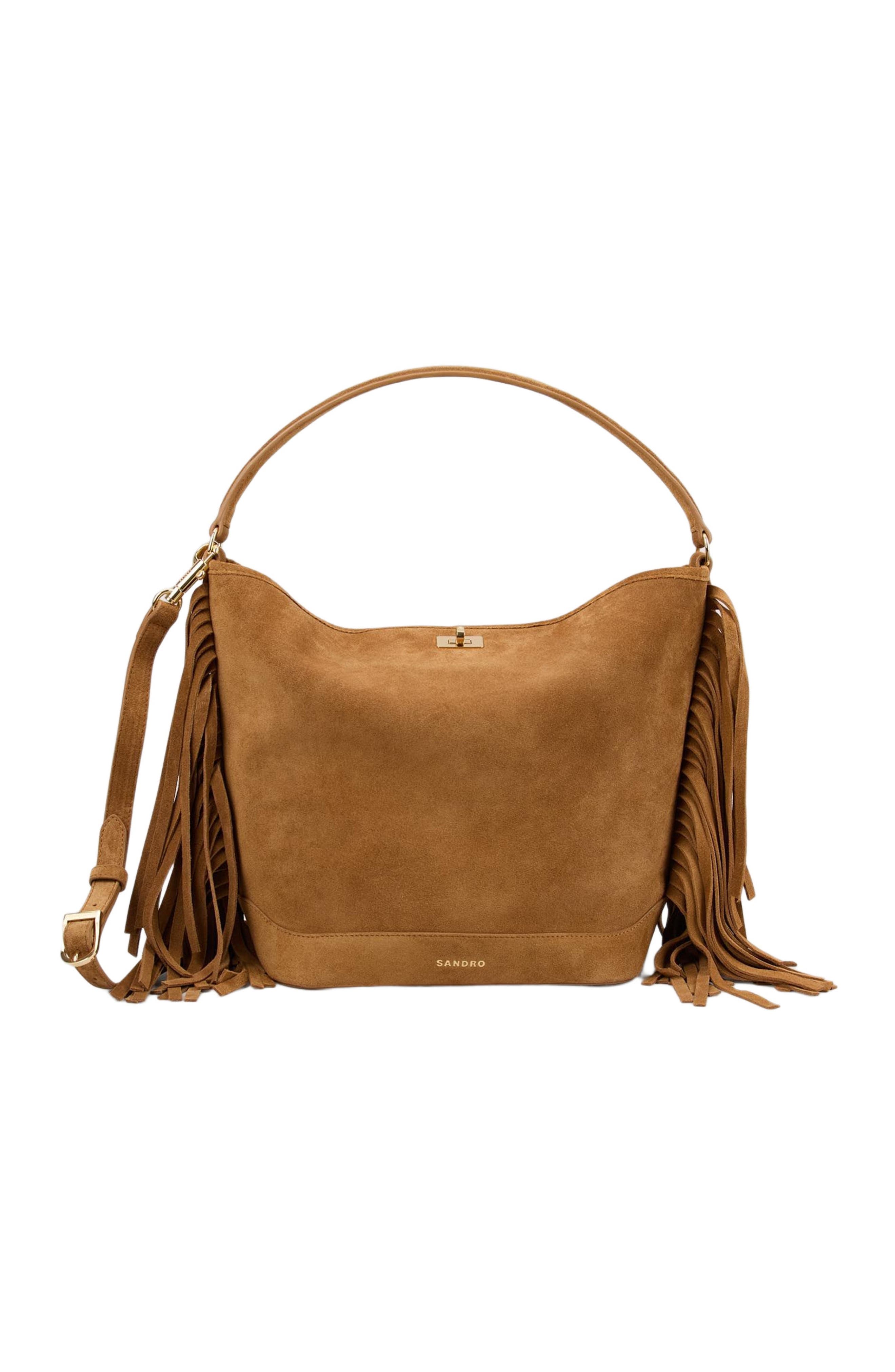 SANDRO TANGOSO fringed suede bucket bag, Main, color, Camel
