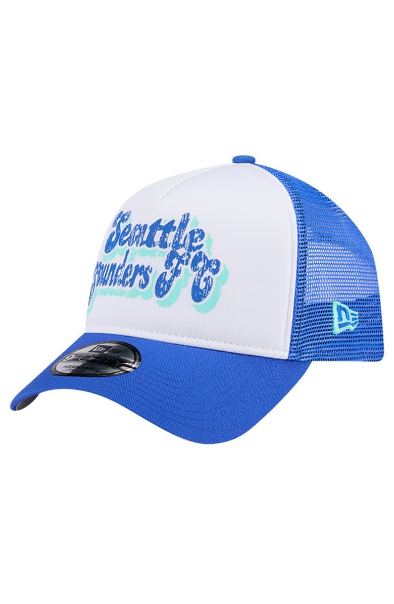 New Era Women's New Era White/Blue Seattle Sounders FC Throwback A-Frame Trucker 9FORTY Snapback Hat, Main, color, 