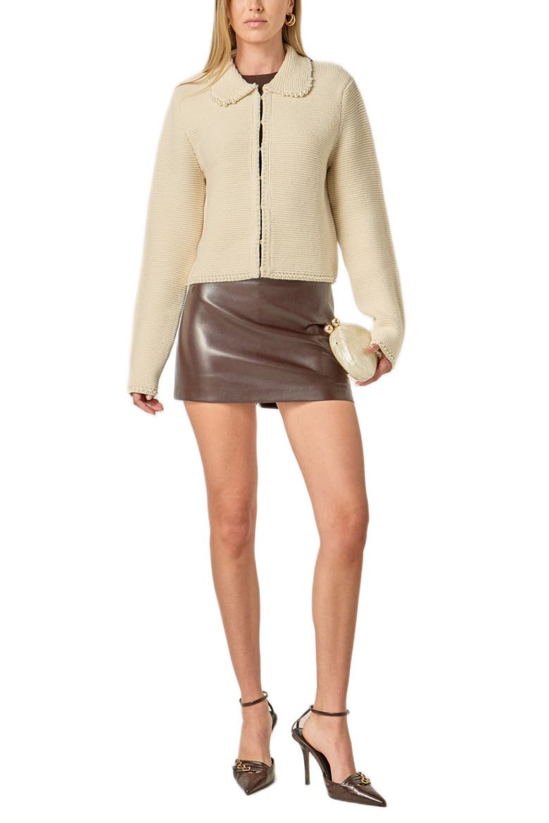 Faux Pearl Trim Collared Cardigan, Alternate, color, IVORY