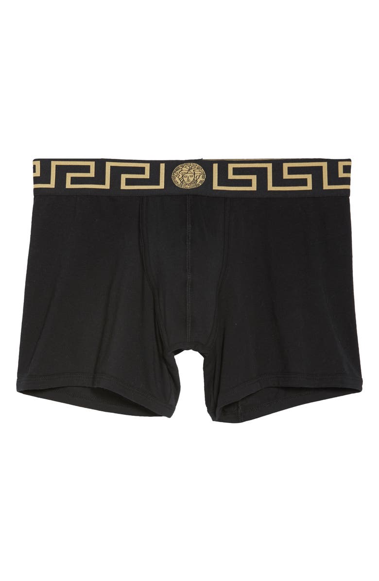Versace Long Stretch Cotton Trunks, Alternate, color, Black/ Gold