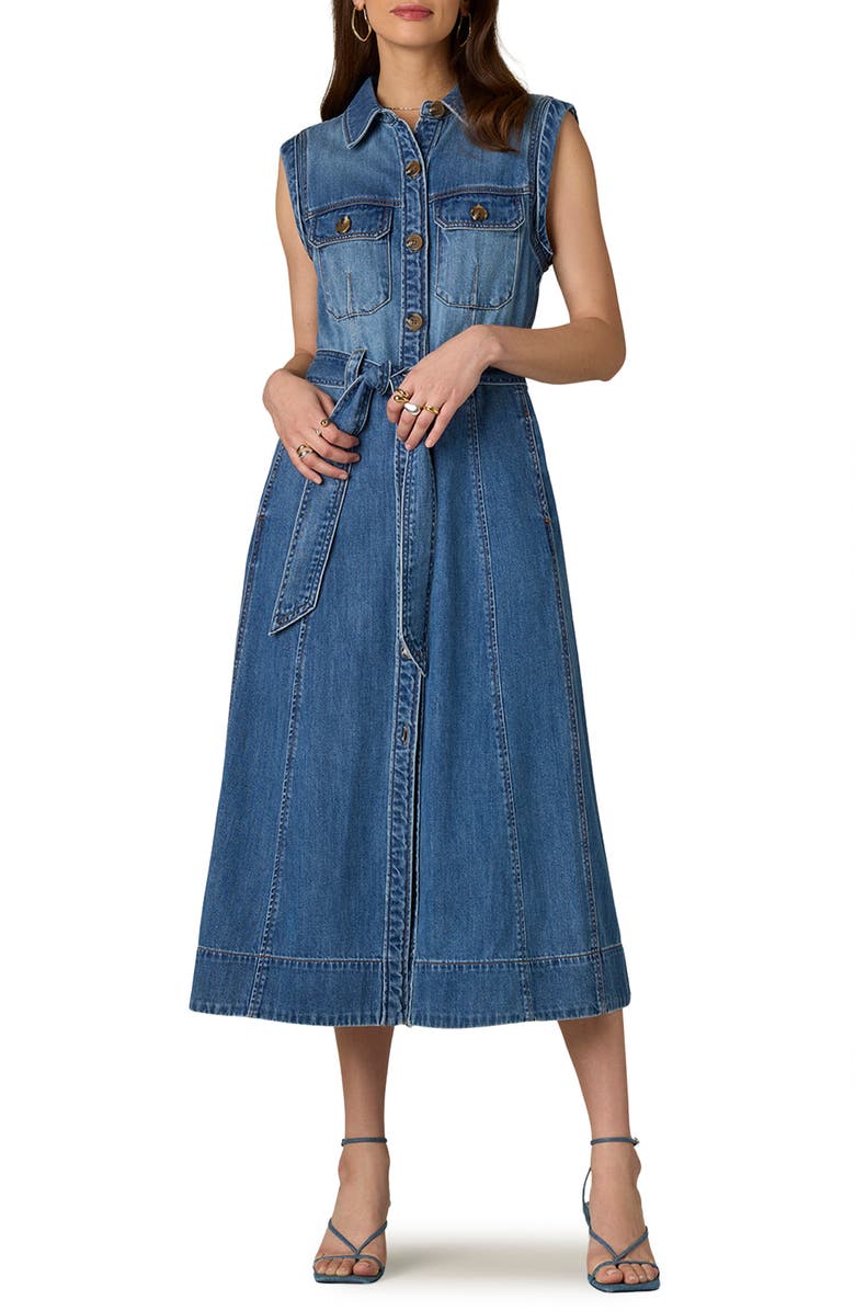 Wit & Wisdom Sleeveless Tie Belt Cotton Denim Shirtdress, Main, color, 