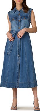 Wit & Wisdom Sleeveless Tie Belt Cotton Denim Shirtdress