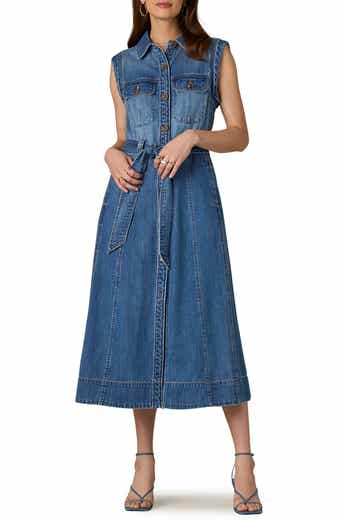 Sleeveless Tie Belt Cotton Denim Shirtdress