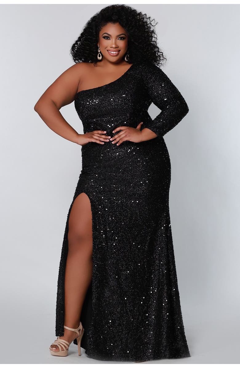 Sydney's Closet One-Shoulder Long Sleeve Sequin Plus Size Gown, Main, color, Onyx