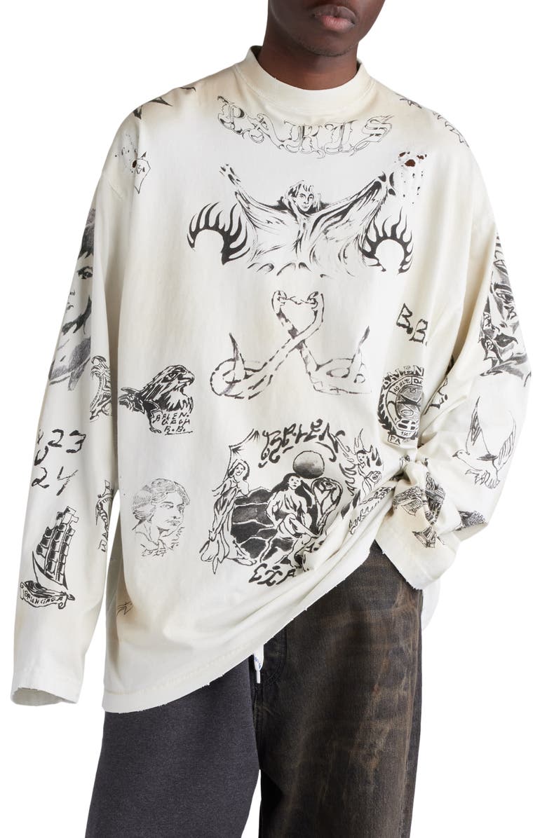 Balenciaga Tattoo Distressed Long Sleeve Cotton Graphic T-Shirt, Main, color, 