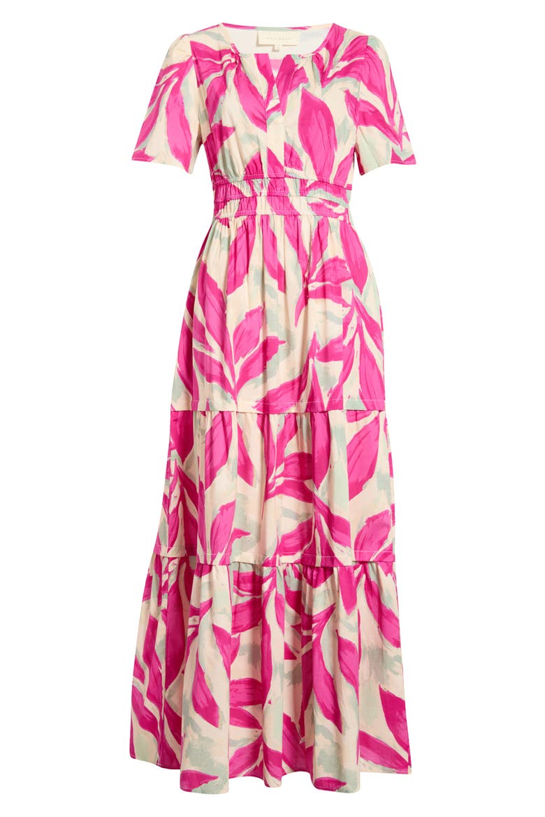 Short Sleeve Tiered Maxi Dress, Alternate, color, BONE ROSE VIOLET LEAF