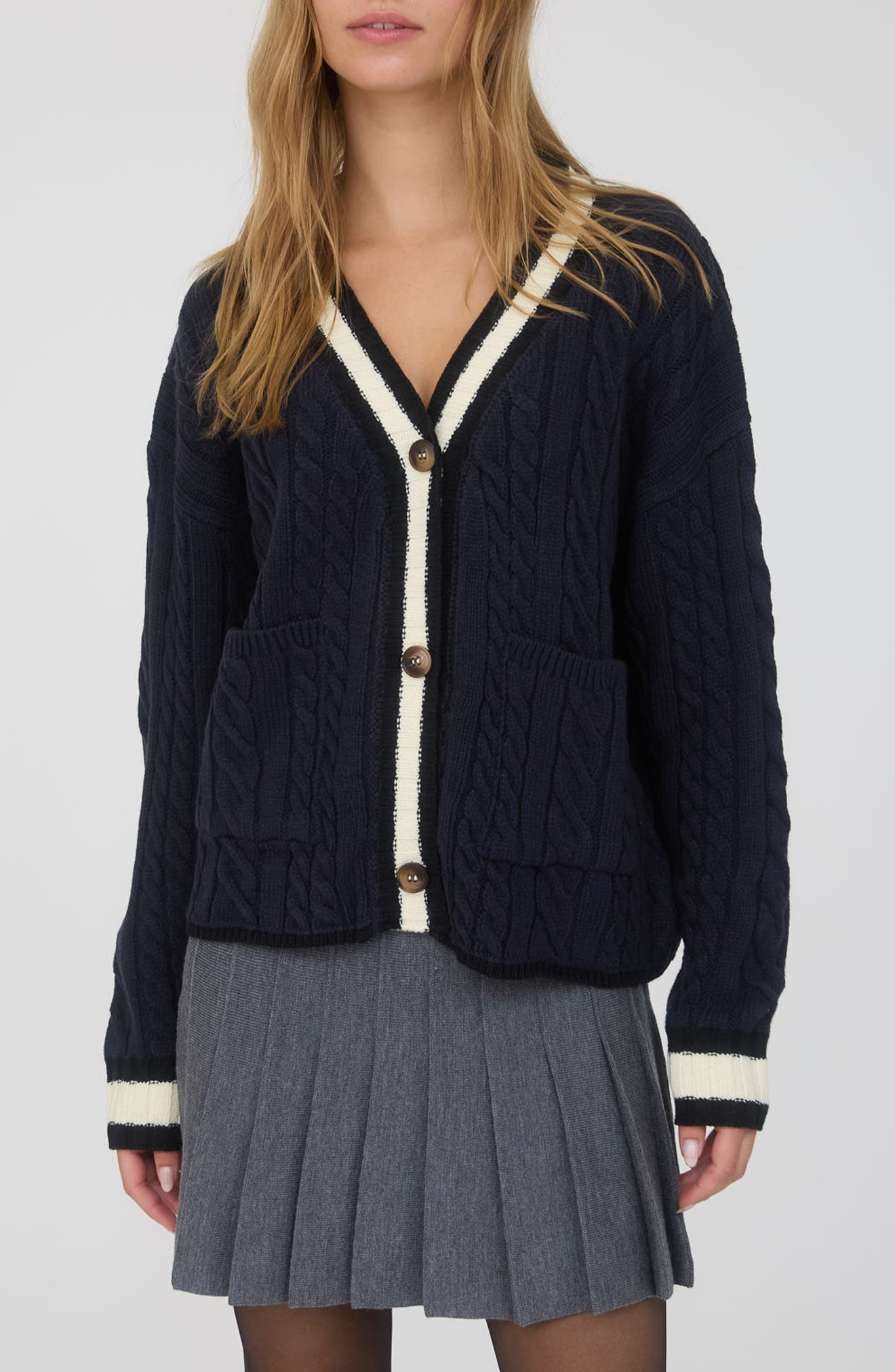 Blu Pepper Stripe Trim Cable Stitch Cardigan