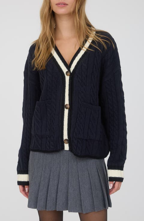 Stripe Trim Cable Stitch Cardigan