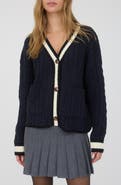 Blu Pepper Stripe Trim Cable Stitch Cardigan