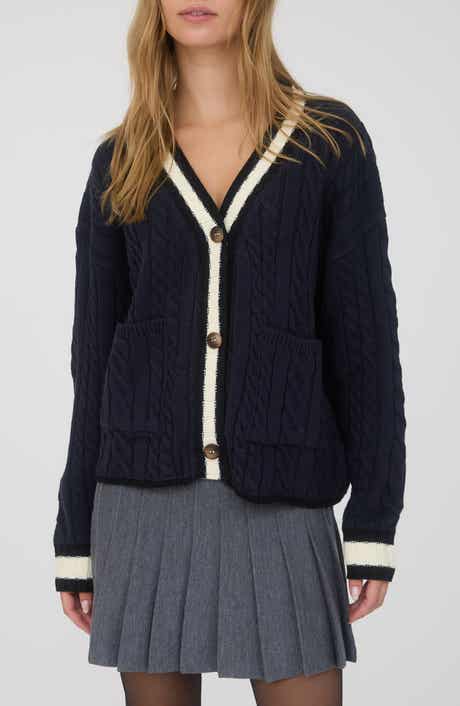 Blu Pepper Stripe Trim Cable Stitch Cardigan