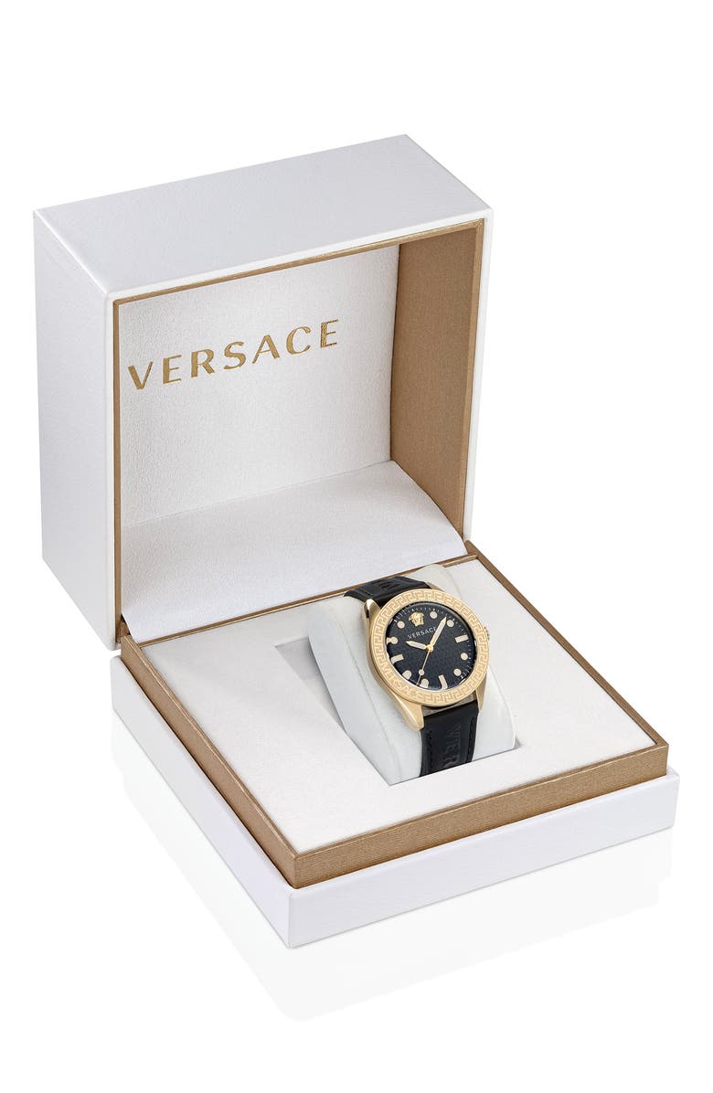 Versace Greca Dome Leather Strap Watch, 42mm, Alternate, color, Gold