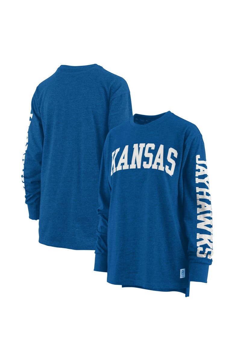 PRESSBOX Women's Pressbox Heathered Royal Kansas Jayhawks Two-Hit Canyon Long Sleeve T-Shirt, Main, color, Royal