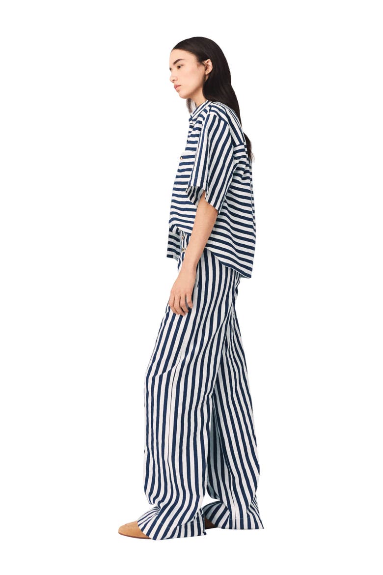 Cropped linen-blend shirt, Alternate, color, White/blue