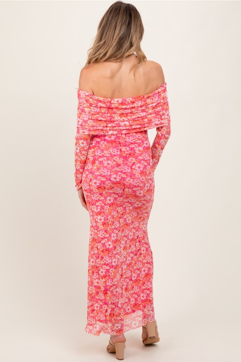 Floral Mesh Off Shoulder Long Sleeve Maxi Dress, Alternate, color, Fuschia