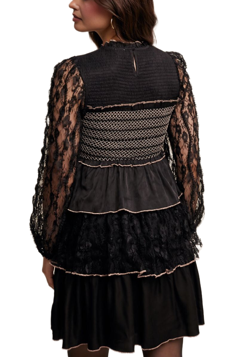 Knit and Lounge Lace Tiered Smocked Chest Bell Mini Dress, Alternate, color, Black