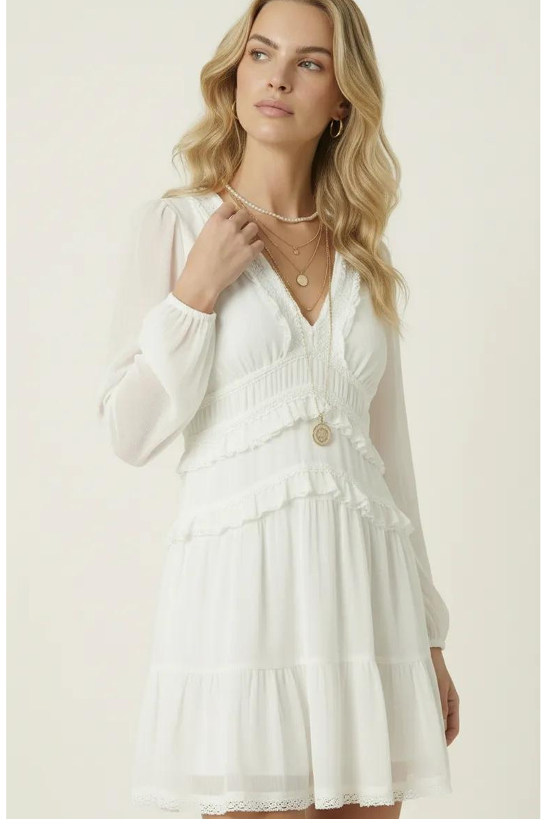 Long Sleeve V-Neck Ruffle Tiered Mini Dress with Sheer Chiffon Overlay, Alternate, color, White