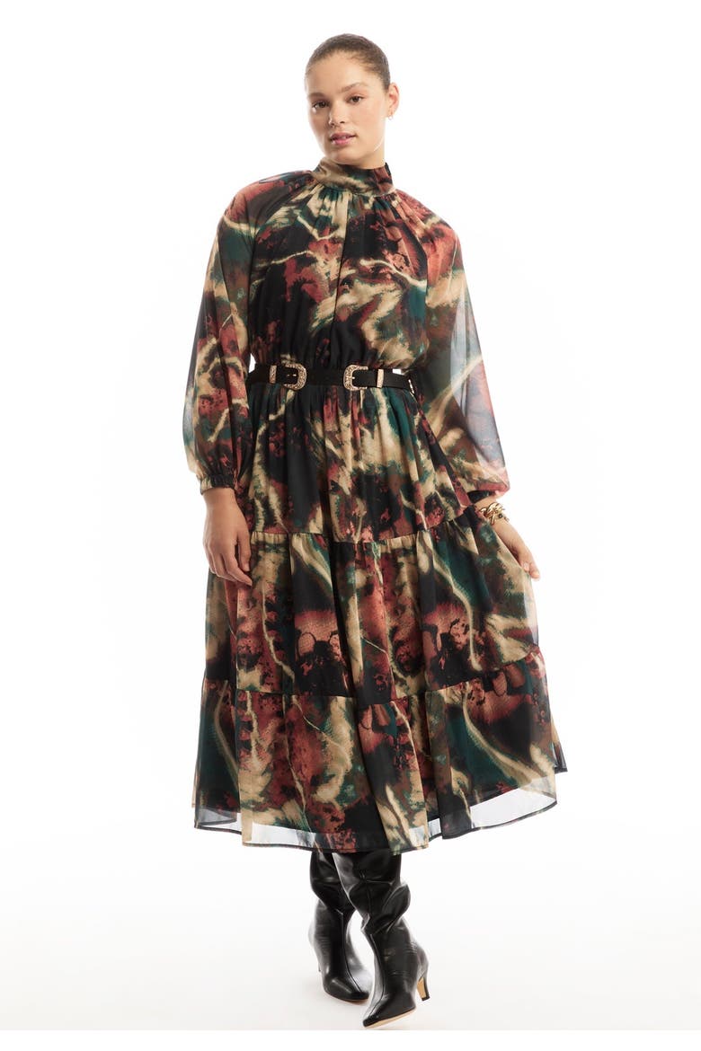 Mock-Neck Chiffon Midi Dress, Alternate, color, PAINTED MARBLE