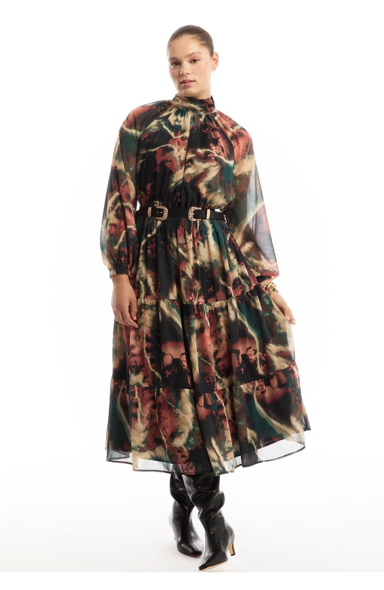 June + Vie Mock-Neck Chiffon Midi Dress, Alternate, color, Painted Marble