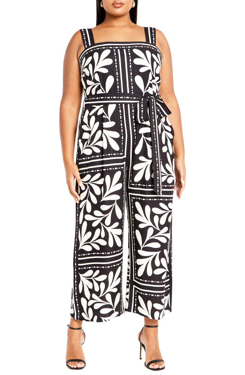 City Chic Modern Muse Tile Print Jumpsuit, Main, color, Black Tile