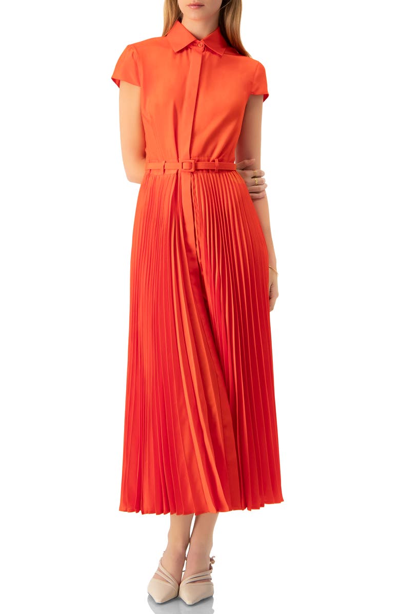 IVONNE Short Sleeve Shirt Style Pleated Maxi-Dress, Main, color, Orange