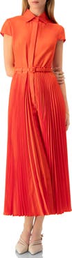 IVONNE Short Sleeve Shirt Style Pleated Maxi-Dress